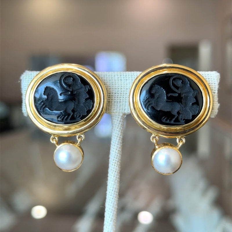 Elizabeth Locke 18KT Gold Onyx and Pearl Intaglio Earrings - KFK, Inc.