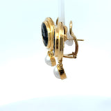 Elizabeth Locke 18KT Gold Onyx and Pearl Intaglio Earrings - KFK, Inc.