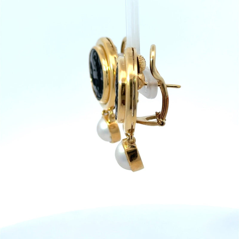 Elizabeth Locke 18KT Gold Onyx and Pearl Intaglio Earrings - KFK, Inc.