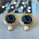 Elizabeth Locke 18KT Gold Onyx and Pearl Intaglio Earrings - KFK, Inc.
