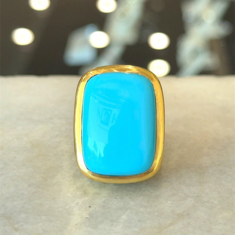 Elizabeth Locke 19KT yellow gold bezel-set turquoise cocktail ring KFK Jewelers Los Angeles