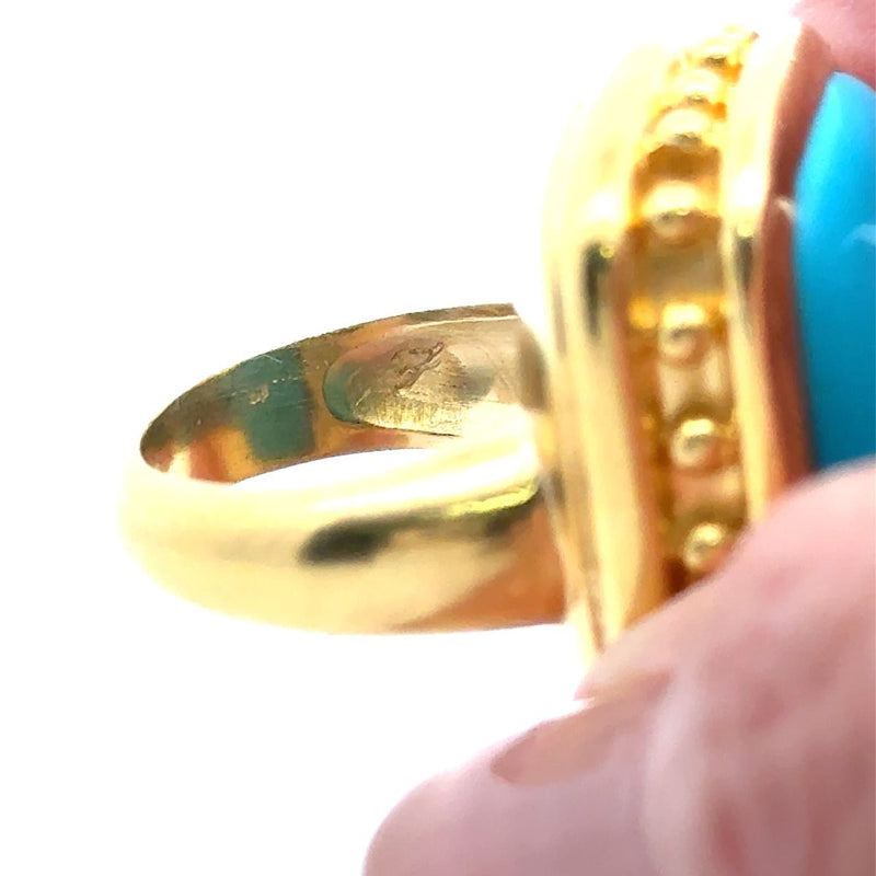 Elizabeth Locke 19KT yellow gold bezel-set turquoise cocktail ring KFK Jewelers Los Angeles