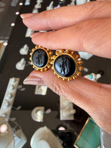 Elizabeth Locke Carved Intaglio Onyx 19KT Gold Earrings KFK Jewelers Los Angeles
