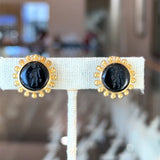 Elizabeth Locke Carved Intaglio Onyx 19KT Gold Earrings KFK Jewelers Los Angeles