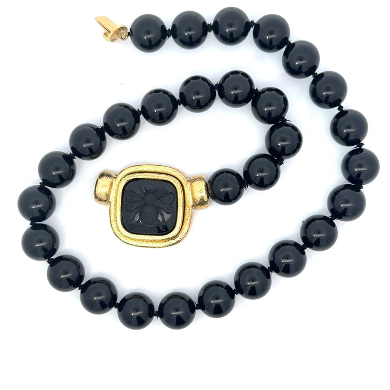Elizabeth Locke Onyx Beaded Necklace with Bee Intaglio Pendant set in 18KT Yellow Gold  KFK Jewelers Los Angeles