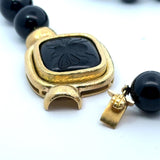 Elizabeth Locke Onyx Beaded Necklace with Bee Intaglio Pendant set in 18KT Yellow Gold  KFK Jewelers Los Angeles