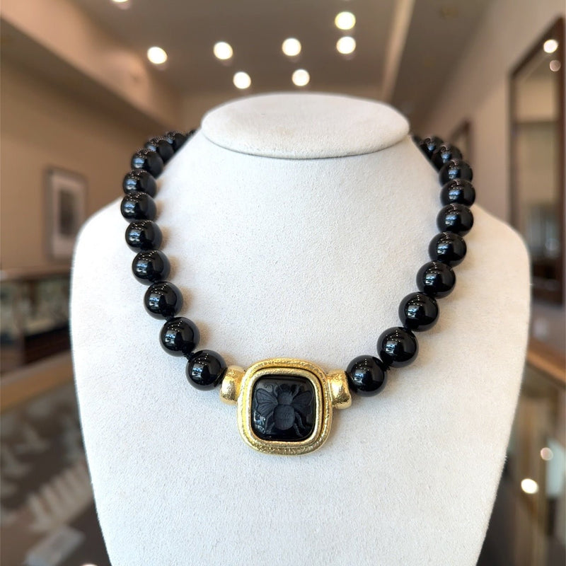 Elizabeth Locke Onyx Beaded Necklace with Bee Intaglio Pendant set in 18KT Yellow Gold  KFK Jewelers Los Angeles