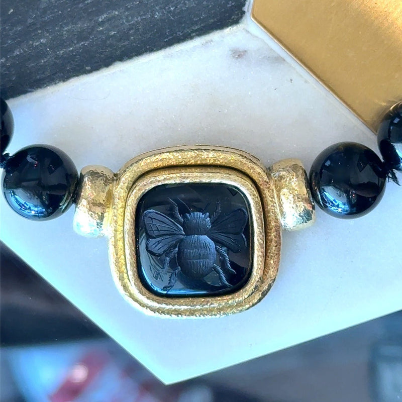 Elizabeth Locke Onyx Beaded Necklace with Bee Intaglio Pendant set in 18KT Yellow Gold  KFK Jewelers Los Angeles