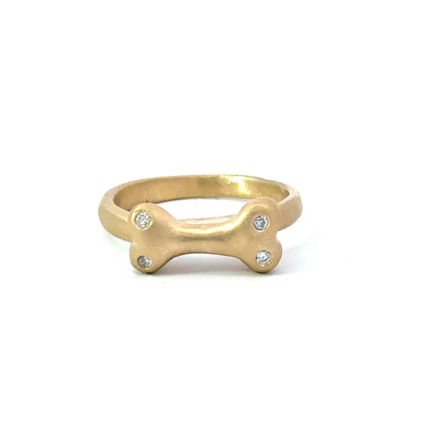 made-to-order dog bone ring Bones for Hope collection 14KT yellow gold, white gold, rose gold, sterling silver with four round diamonds. Ten percent of Bones for Hope item sales go directly to The Lange Foundation to aid their dog rescue and animal welfare efforts. Jewelry or gift for dog lover, dog mom, dog dad KFK Jewelers Los Angeles