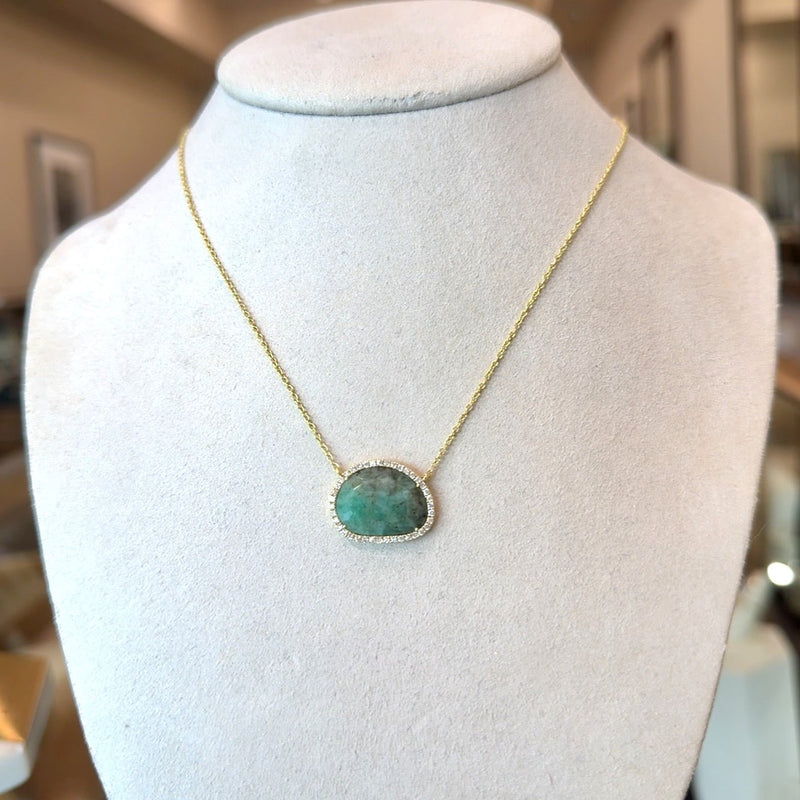 Meira T Emerald Diamond Halo Pendant Necklace, 18KT Yellow Gold - KFK, Inc.