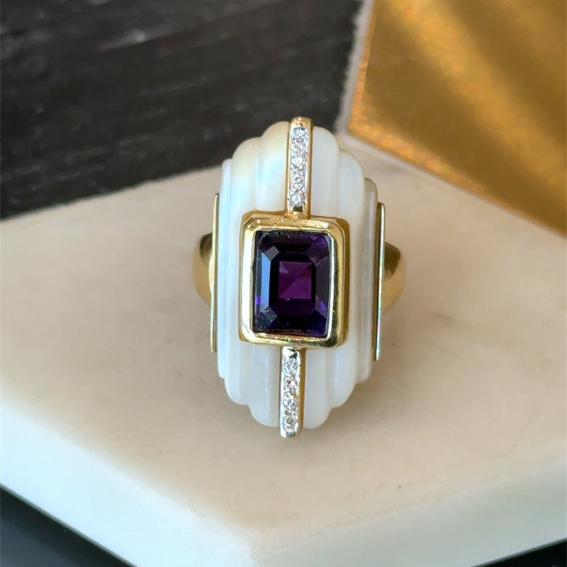 Mother of Pearl and Amethyst Estate Cocktail Ring, 14KT Yellow Gold - KFK, Inc.