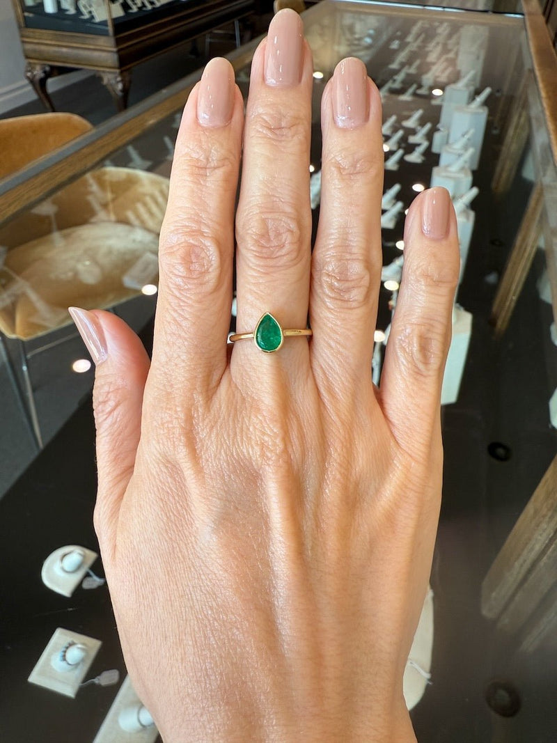 Pear Shaped .83CT Emerald Ring Engagement RIng Bezel - Set in 18KT Yellow Gold - KFK Jewelers Los Angeles