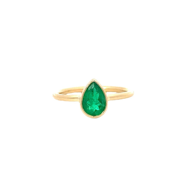 Pear Shaped .83CT Emerald Ring Engagement RIng Bezel - Set in 18KT Yellow Gold - KFK Jewelers Los Angeles