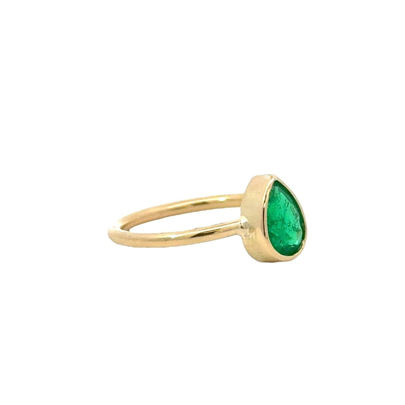 Pear Shaped .83CT Emerald Ring Engagement RIng Bezel - Set in 18KT Yellow Gold - KFK Jewelers Los Angeles