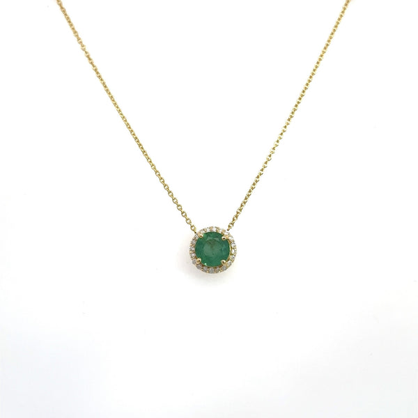 Round 1.10CT Emerald in Diamond Halo in 14KT Yellow Gold Necklace - KFK, Inc.