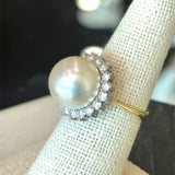 South Sea Pearl Diamond Halo Cocktail Ring, 18KT Yellow Gold - KFK, Inc.