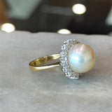 South Sea Pearl Diamond Halo Cocktail Ring, 18KT Yellow Gold - KFK, Inc.