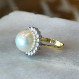 South Sea Pearl Diamond Halo Cocktail Ring, 18KT Yellow Gold - KFK, Inc.