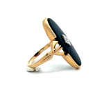 Vintage 1930's 10KT yellow gold onyx elongated oval navette ring with center diamond accent KFK Jewelers Los Angeles