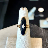 Vintage 1930's 10KT yellow gold onyx elongated oval navette ring with center diamond accent KFK Jewelers Los Angeles