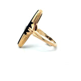 Vintage 1930's 10KT yellow gold onyx elongated oval navette ring with center diamond accent KFK Jewelers Los Angeles