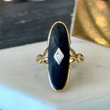 Vintage 1930's 10KT yellow gold onyx elongated oval navette ring with center diamond accent KFK Jewelers Los Angeles