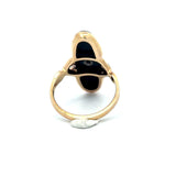 Vintage 1930's 10KT yellow gold onyx elongated oval navette ring with center diamond accent KFK Jewelers Los Angeles