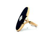 Vintage 1930's 10KT yellow gold onyx elongated oval navette ring with center diamond accent KFK Jewelers Los Angeles