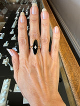 Vintage 1930's 10KT yellow gold onyx elongated oval navette ring with center diamond accent KFK Jewelers Los Angeles