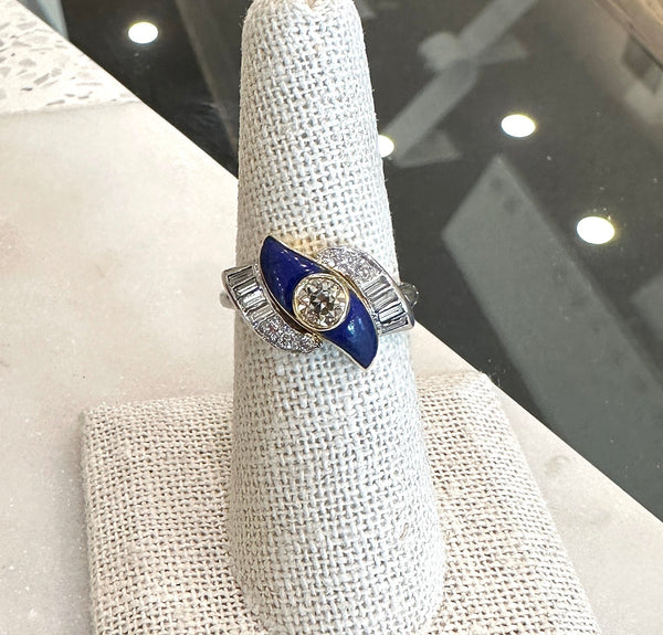 Vintage 1.43CT Diamond and Lapis Lazuli Ring, Platinum and 18KT Yellow Gold - KFK, Inc.