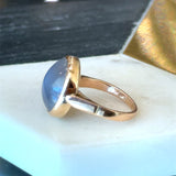 Vintage 1970s 14KT yellow gold bezel-set oval moonstone ring KFK Jewelers Los Angeles