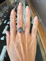 Vintage 1970s 14KT yellow gold bezel-set oval moonstone ring KFK Jewelers Los Angeles