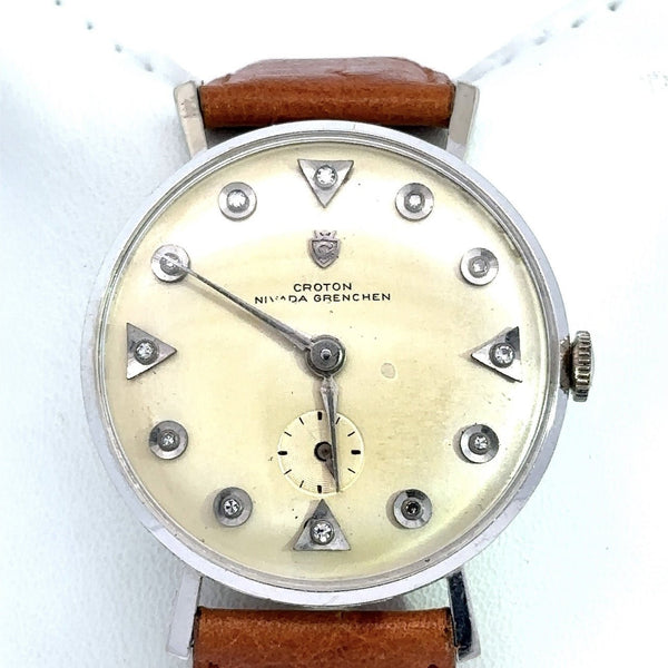 Vintage 14KT White Gold Croton Nivada Grenchen Watch with Diamond Markers - KFK, Inc.