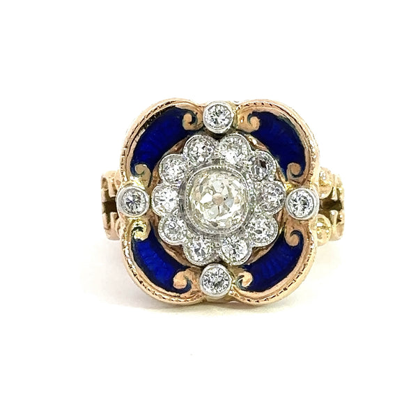 Vintage 14KT Yellow Gold, Diamond and Blue Enamel Cocktail Ring