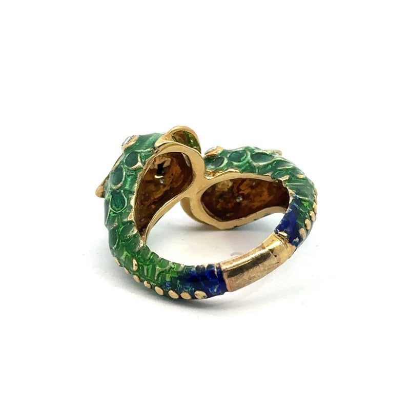 Vintage 14KT Yellow Gold Enamel and Diamond Bypass Fish Ring - KFK, Inc.