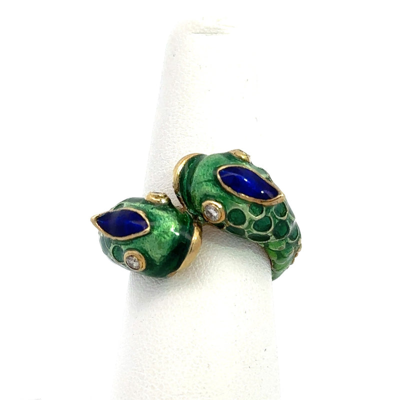 Vintage 14KT Yellow Gold Enamel and Diamond Bypass Fish Ring - KFK, Inc.