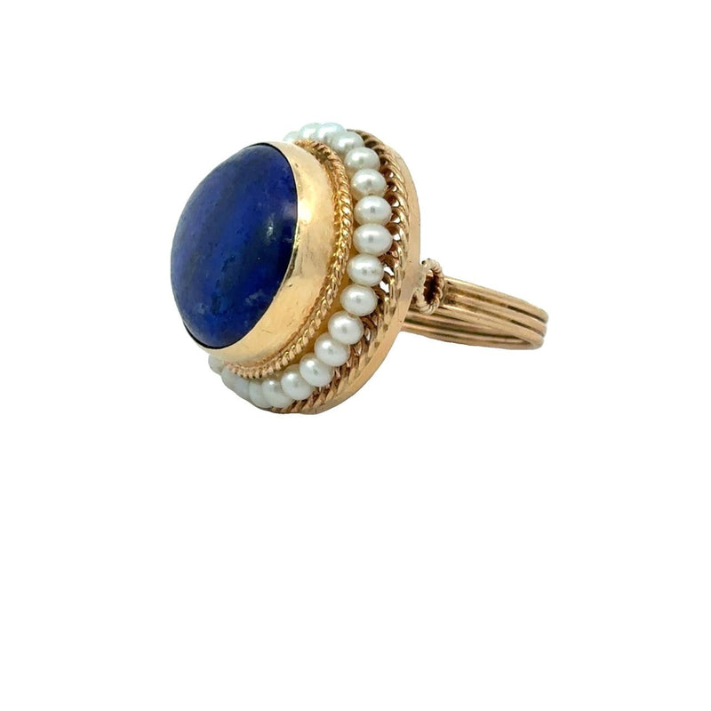 Vintage 14KT Yellow Gold Lapis Lazuli Cocktail Ring with Seed Pearl Bezel - KFK, Inc.