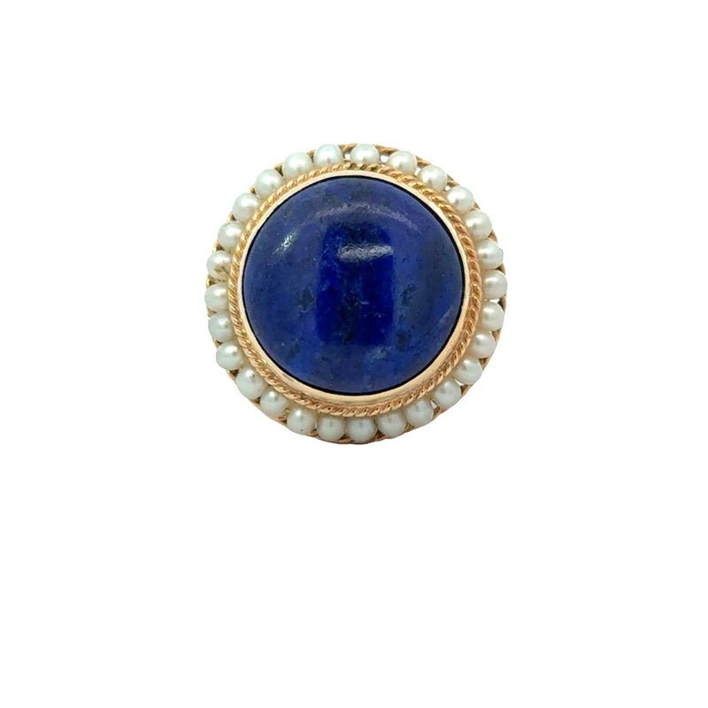 Vintage 14KT Yellow Gold Lapis Lazuli Cocktail Ring with Seed Pearl Bezel - KFK, Inc.