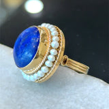 Vintage 14KT Yellow Gold Lapis Lazuli Cocktail Ring with Seed Pearl Bezel - KFK, Inc.