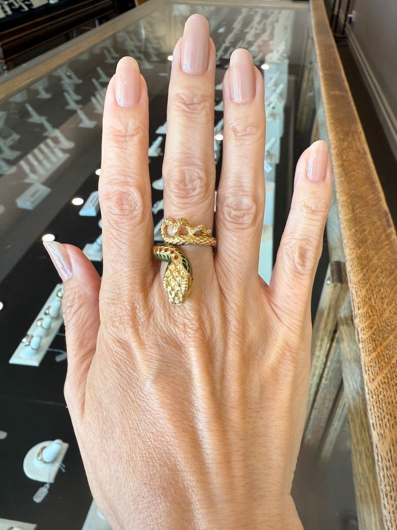 Vintage 18KT Yellow Gold and Enamel Winding Snake Ring - KFK, Inc.