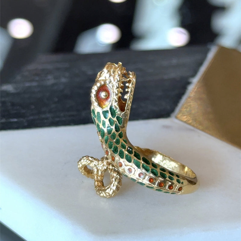 Vintage 18KT Yellow Gold and Enamel Winding Snake Ring - KFK, Inc.