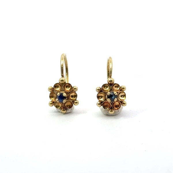 Vintage 18KT Yellow Gold Flower Earrings with Sapphire Center - KFK, Inc.