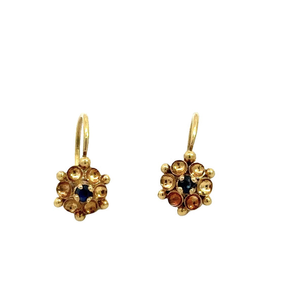 Vintage 18KT Yellow Gold Flower Earrings with Sapphire Center - KFK, Inc.