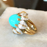 Vintage 1970s 18KT yellow gold Peruvian blue opal floral cocktail ring with 3.2CT diamonds KFK Jewelers Los Angeles