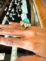 Vintage 1970s 18KT yellow gold Peruvian blue opal floral cocktail ring with 3.2CT diamonds KFK Jewelers Los Angeles