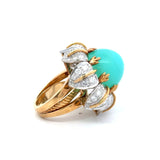 Vintage 1970s 18KT yellow gold Peruvian blue opal floral cocktail ring with 3.2CT diamonds KFK Jewelers Los Angeles