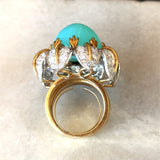 Vintage 1970s 18KT yellow gold Peruvian blue opal floral cocktail ring with 3.2CT diamonds KFK Jewelers Los Angeles