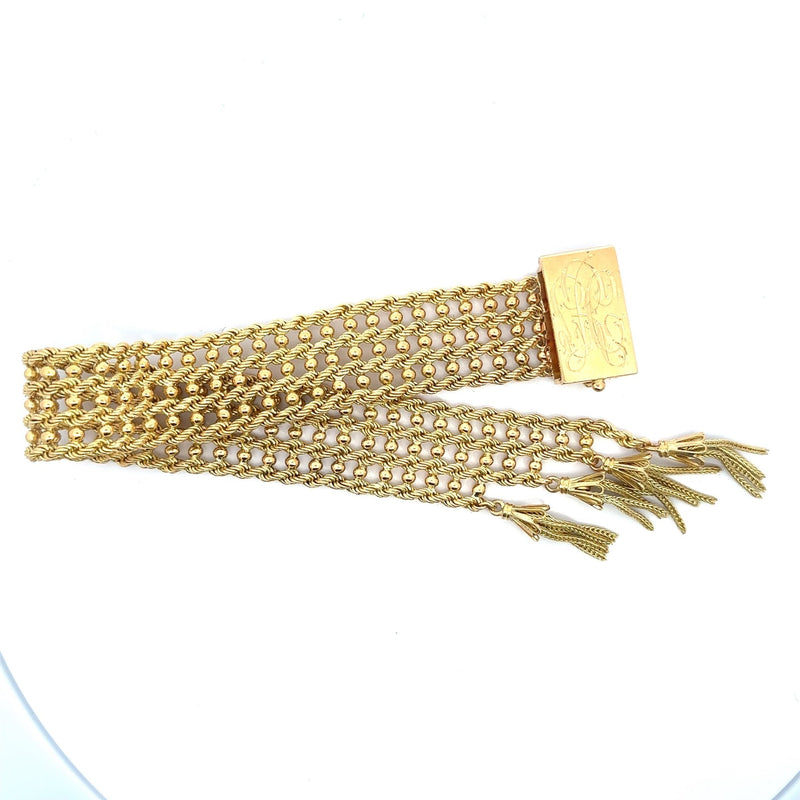Vintage 18KT Yellow Gold Rope and Bead Chainmail Tassel Bracelet - KFK, Inc.