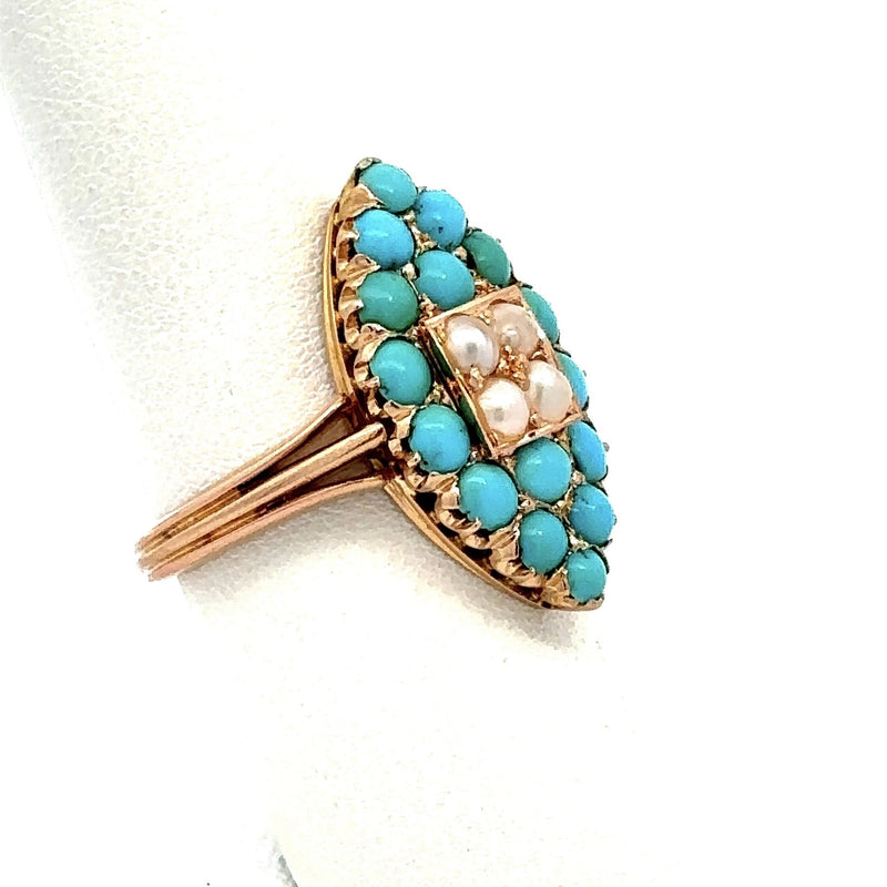 Vintage 18KT Yellow Gold Turquoise Pearl Navette Ring - KFK, Inc.