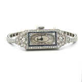 Vintage 1930's Art Deco Platinum Diamond Watch with 1.20CT round diamonds and blue French-cut sapphires KFK Jewelers Los Angeles